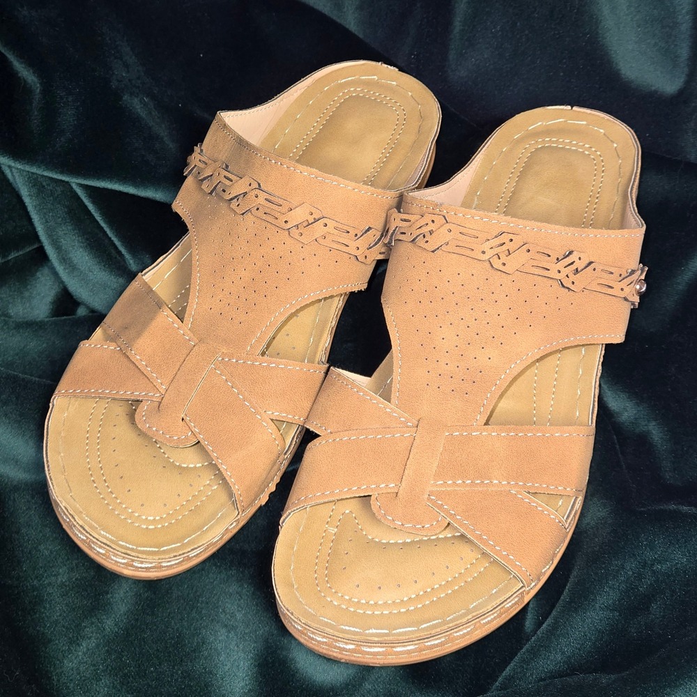 Womens Tan Slide Sandals Laser Cut T-Strap Open Toe Lightweight Flats Size 42